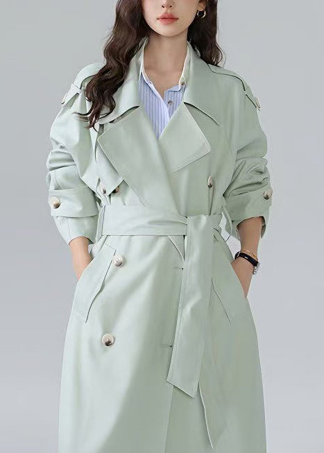 French Light Green Double Breast Tie Waist Cotton Trench Spring
