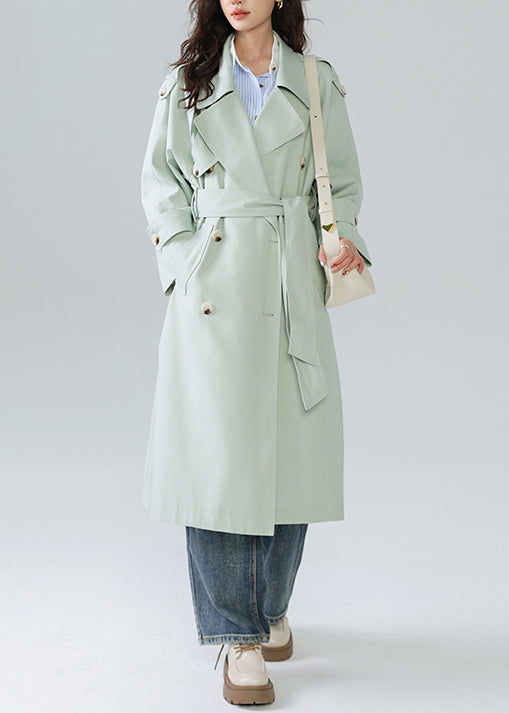 French Light Green Double Breast Tie Waist Cotton Trench Spring