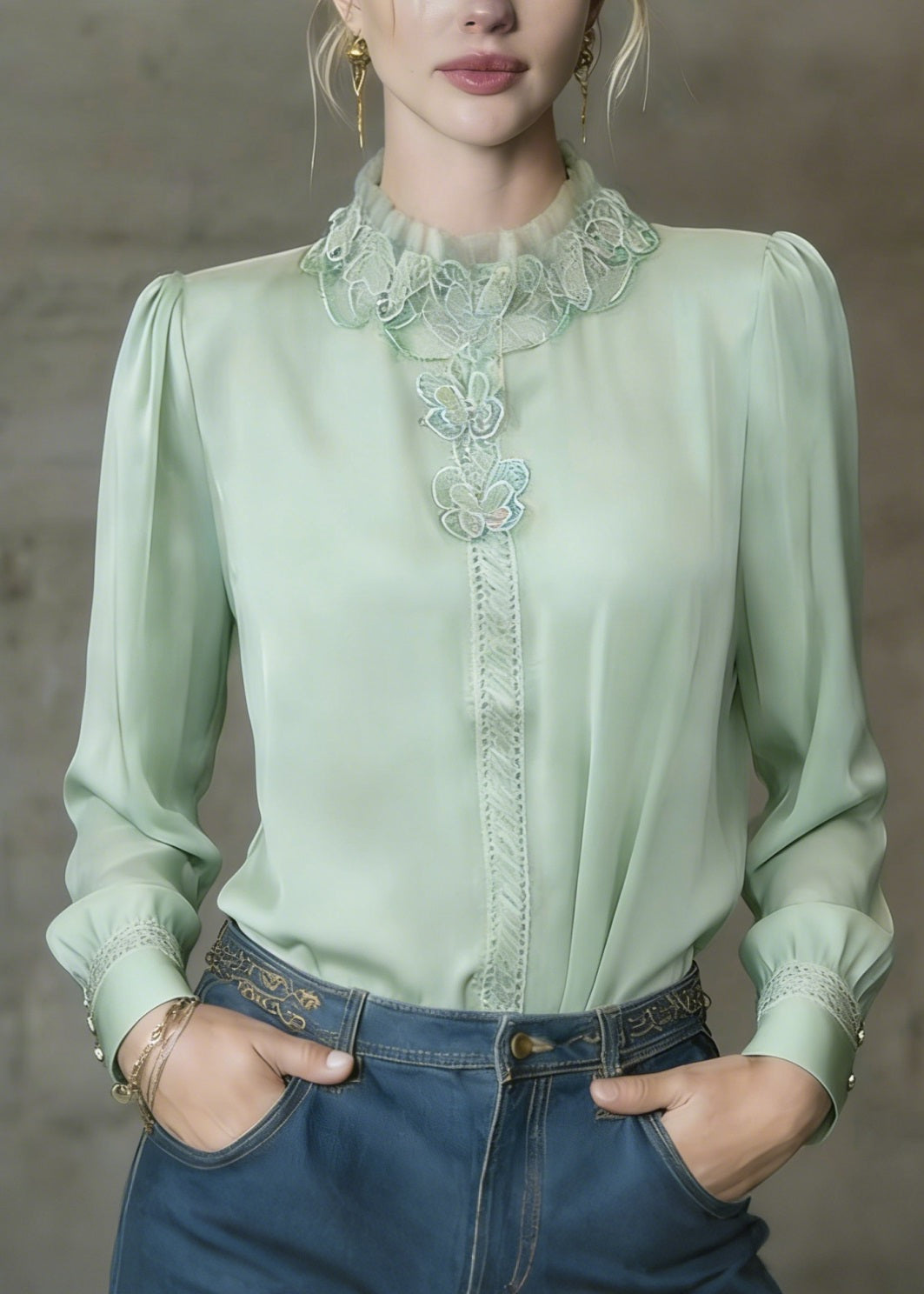 French Light Green Ruffled Butterfly Silk Shirt Top Spring