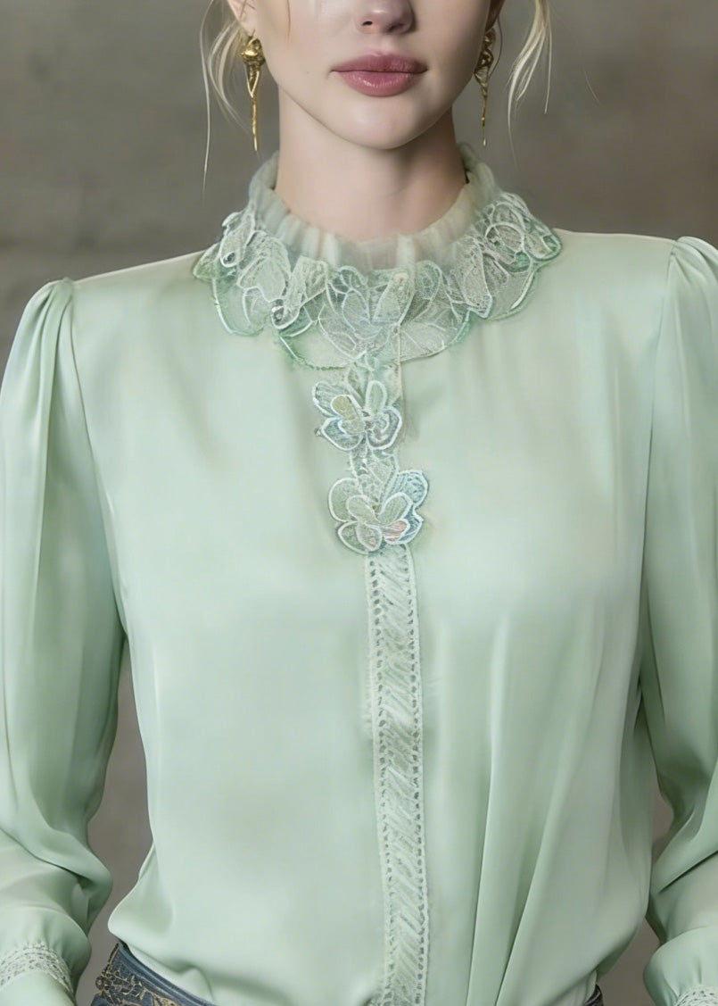 French Light Green Ruffled Butterfly Silk Shirt Top Spring