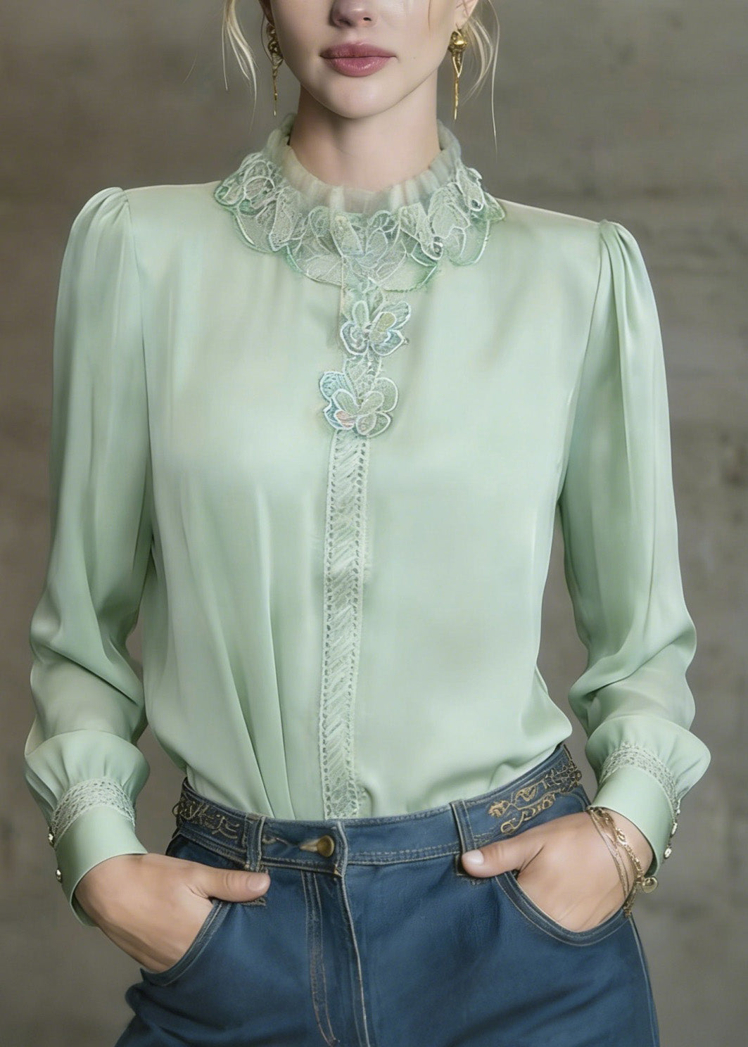 French Light Green Ruffled Butterfly Silk Shirt Top Spring