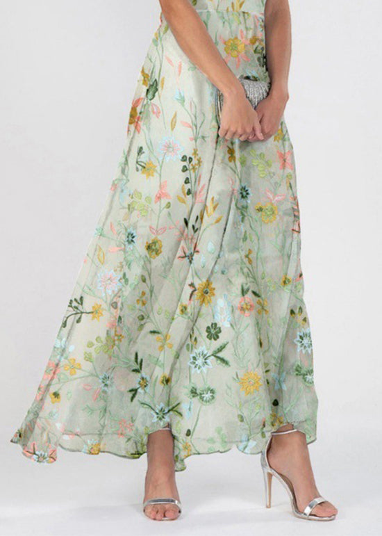 French Light Green V Neck Print Chiffon Long Dress Summer