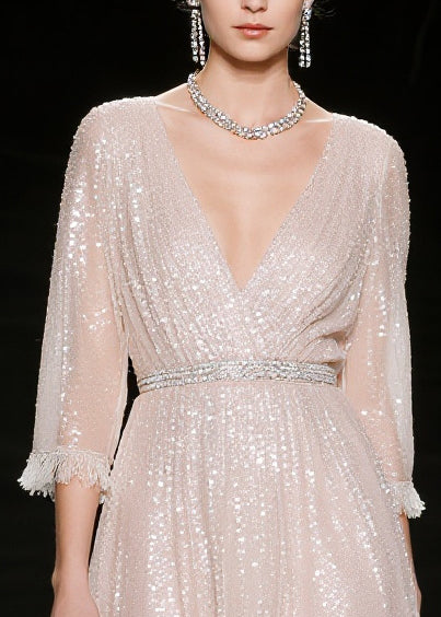 French Light Pink Sequins Tasseled Tulle Evening Dress Summer