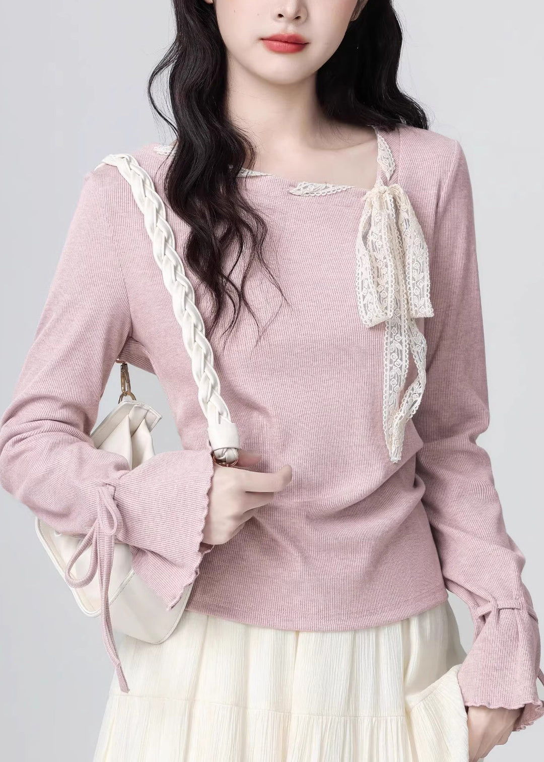 French Light Purple Lace Bow Lace Up Knit Top Spring