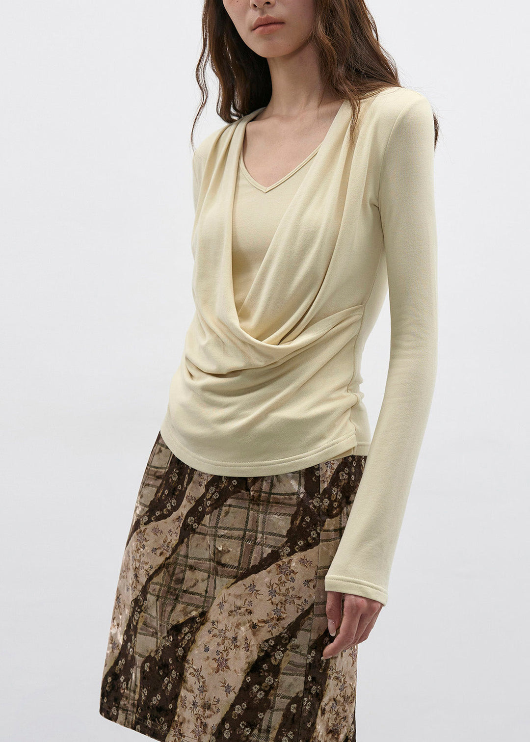 French Light Yellow Draped Neckline Fake Two Long Sleeved T-Shirt Top