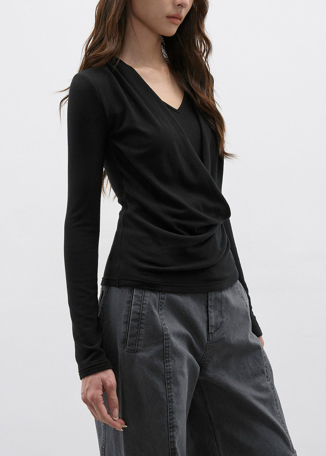 French Light Yellow Draped Neckline Fake Two Long Sleeved T-Shirt Top