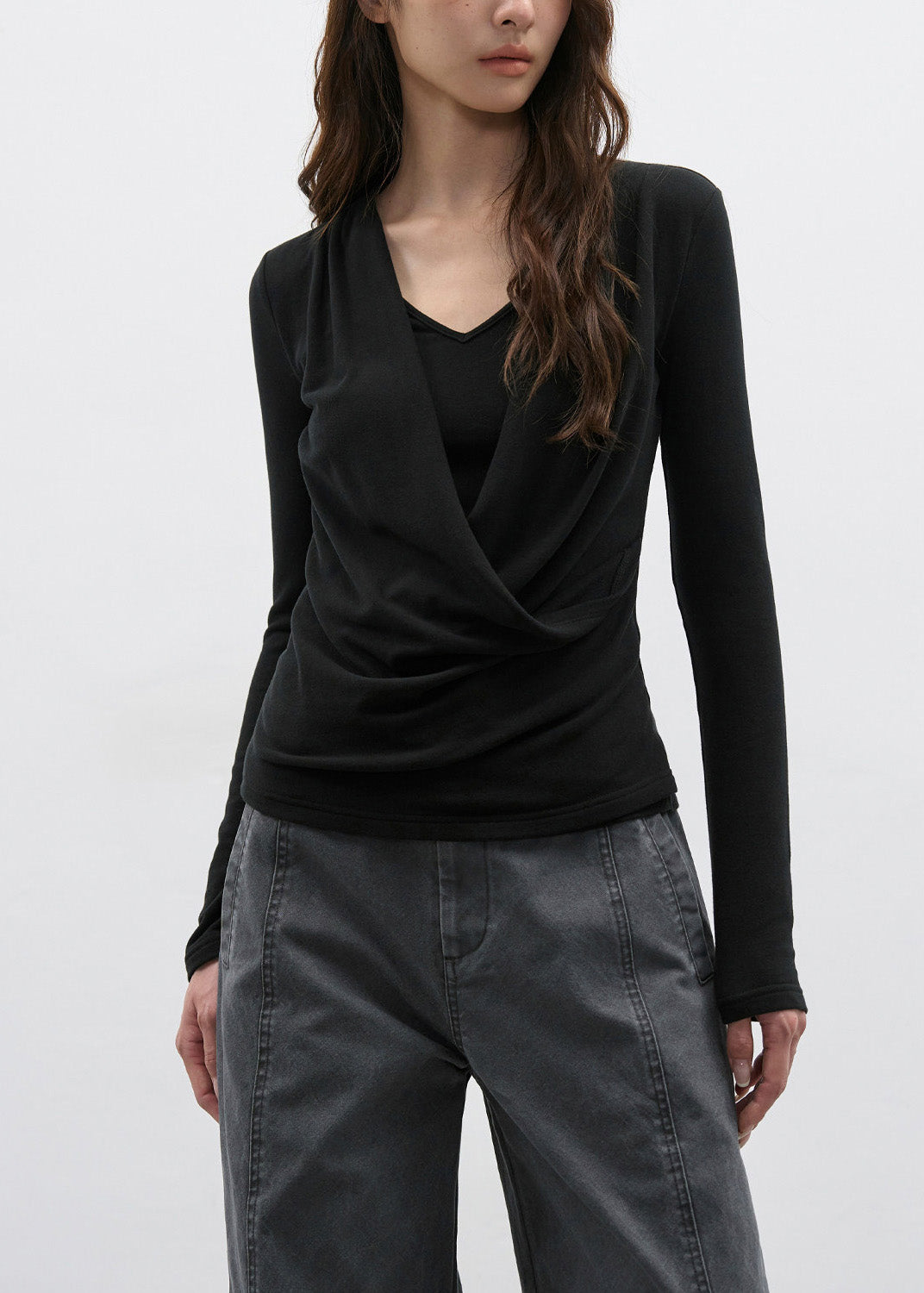 French Light Yellow Draped Neckline Fake Two Long Sleeved T-Shirt Top