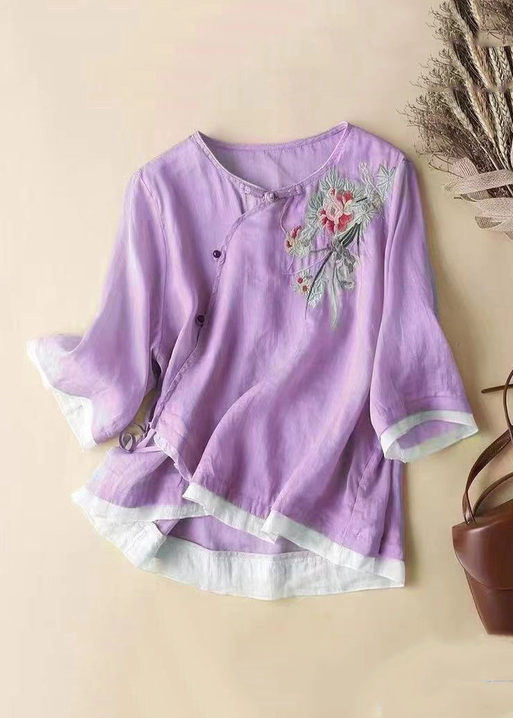 French Linen Embroidered Button Cotton Blouses Half Sleeve