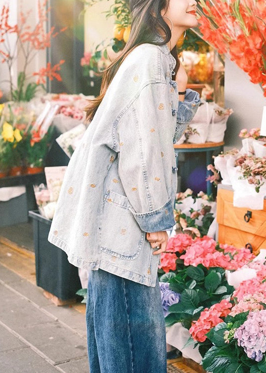 French Make Old Blue Button Pockets Denim Coats Long Sleeve