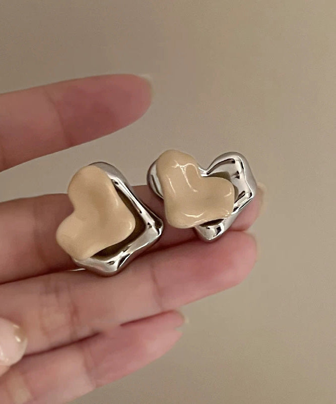 French Metal Heart-Shaped Stud Earrings