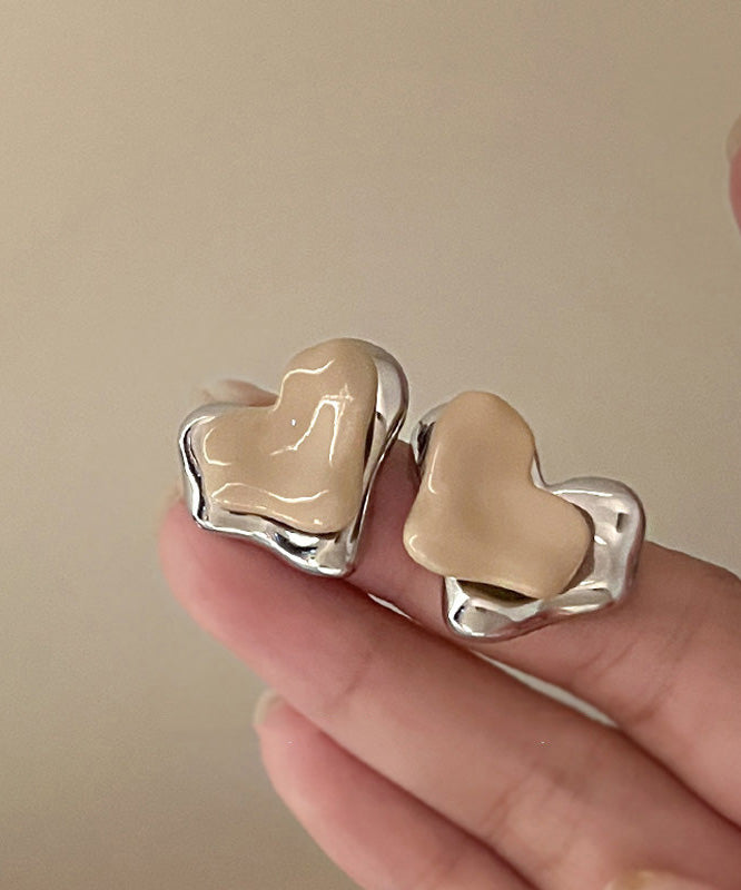 French Metal Heart-Shaped Stud Earrings