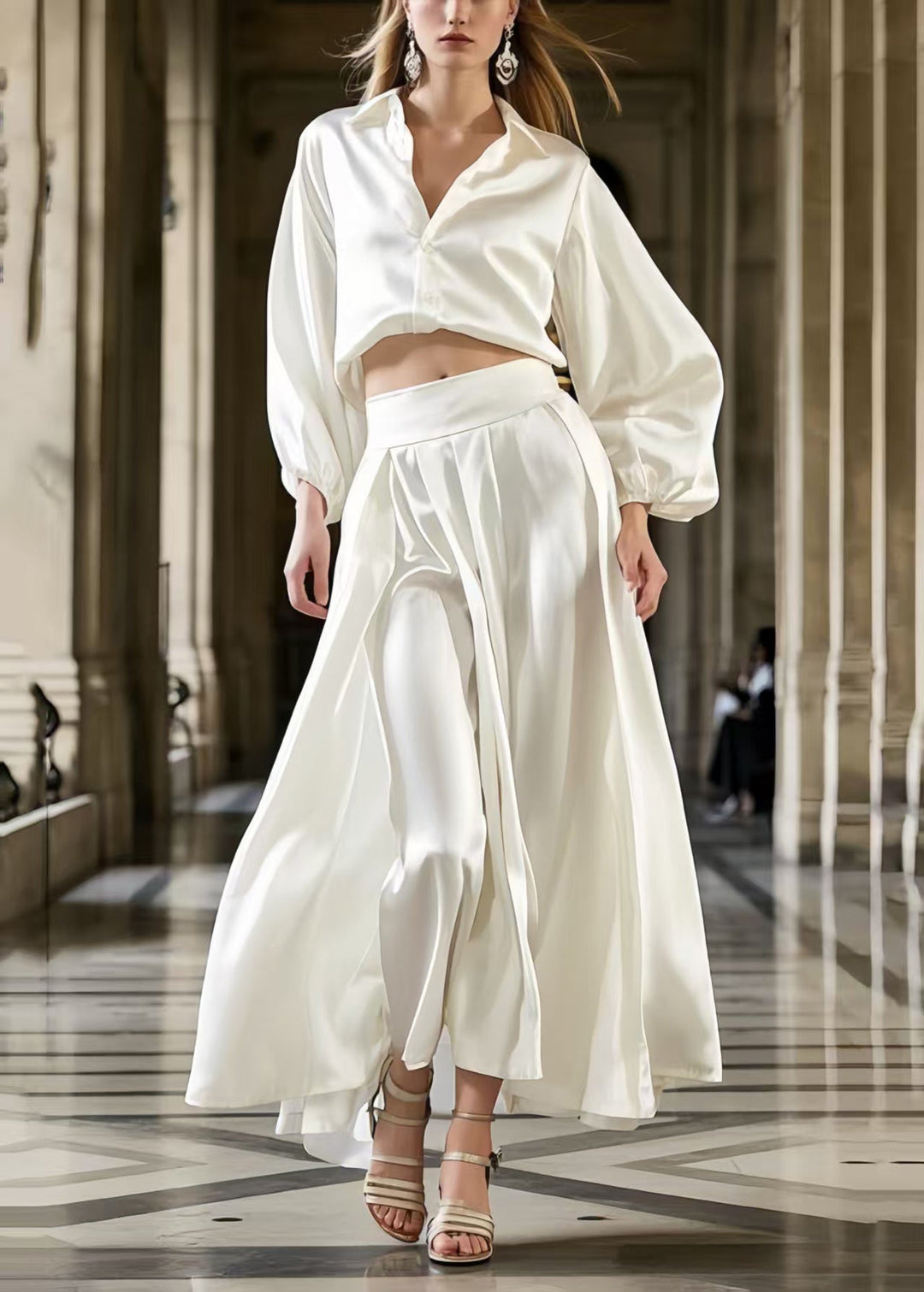French Milk White Draping Fine Silk Two Piece Set Women Clothing Spring