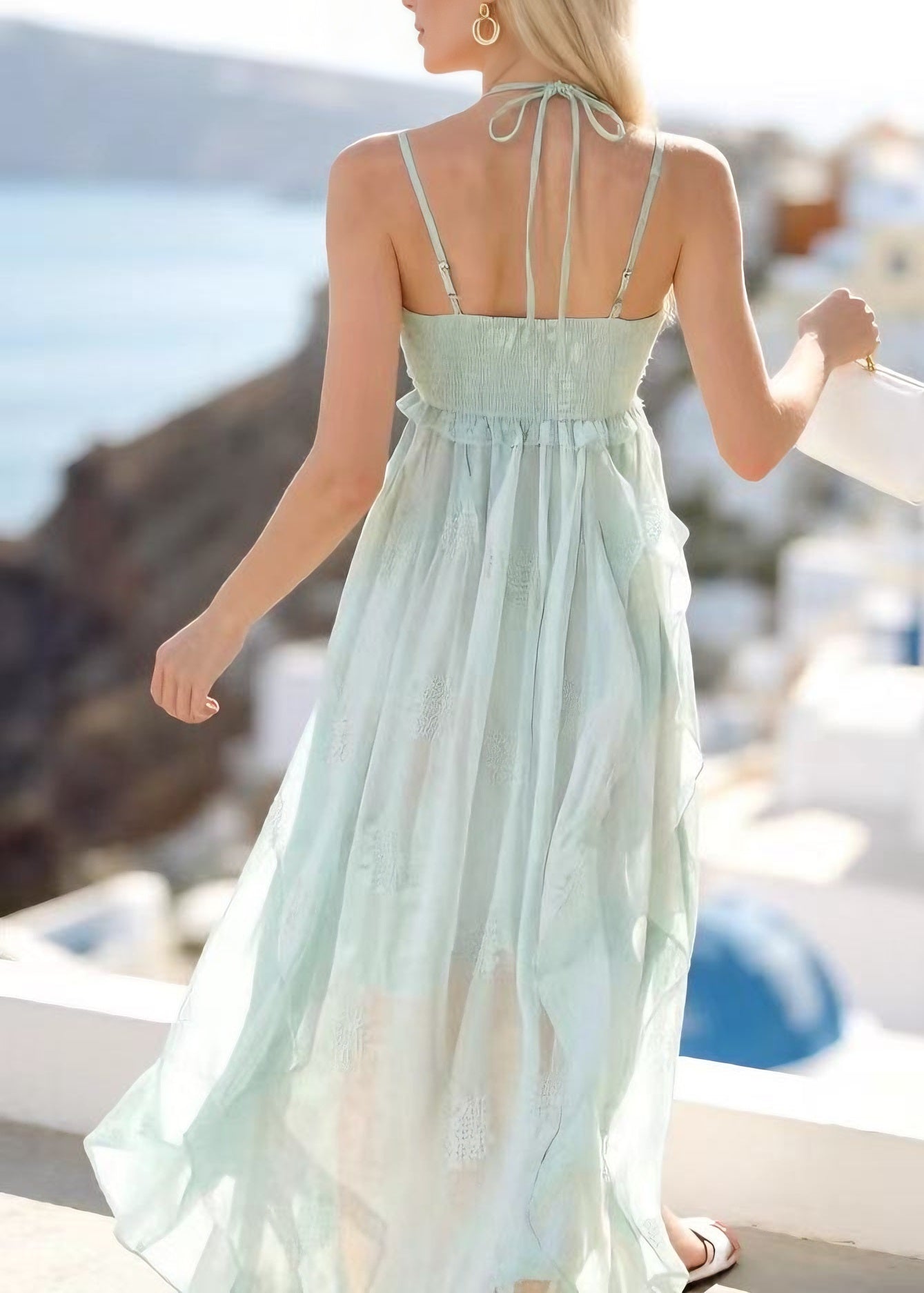 French Mint Green Ruffled Asymmetrical Design Spaghetti Strap Dress Summer - Omychic