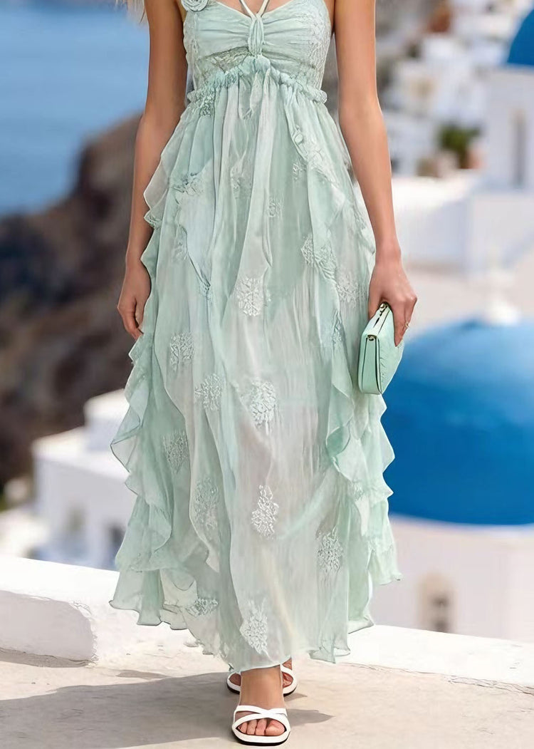 French Mint Green Ruffled Asymmetrical Design Spaghetti Strap Dress Summer - Omychic