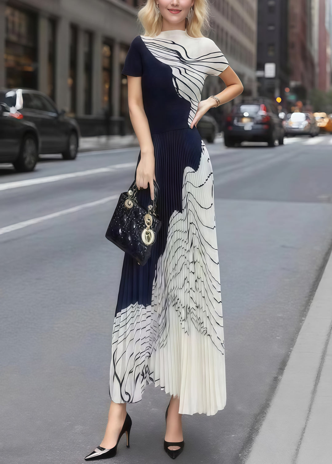 French Mixed Color Stand Collar Print Pleated Dress Summer