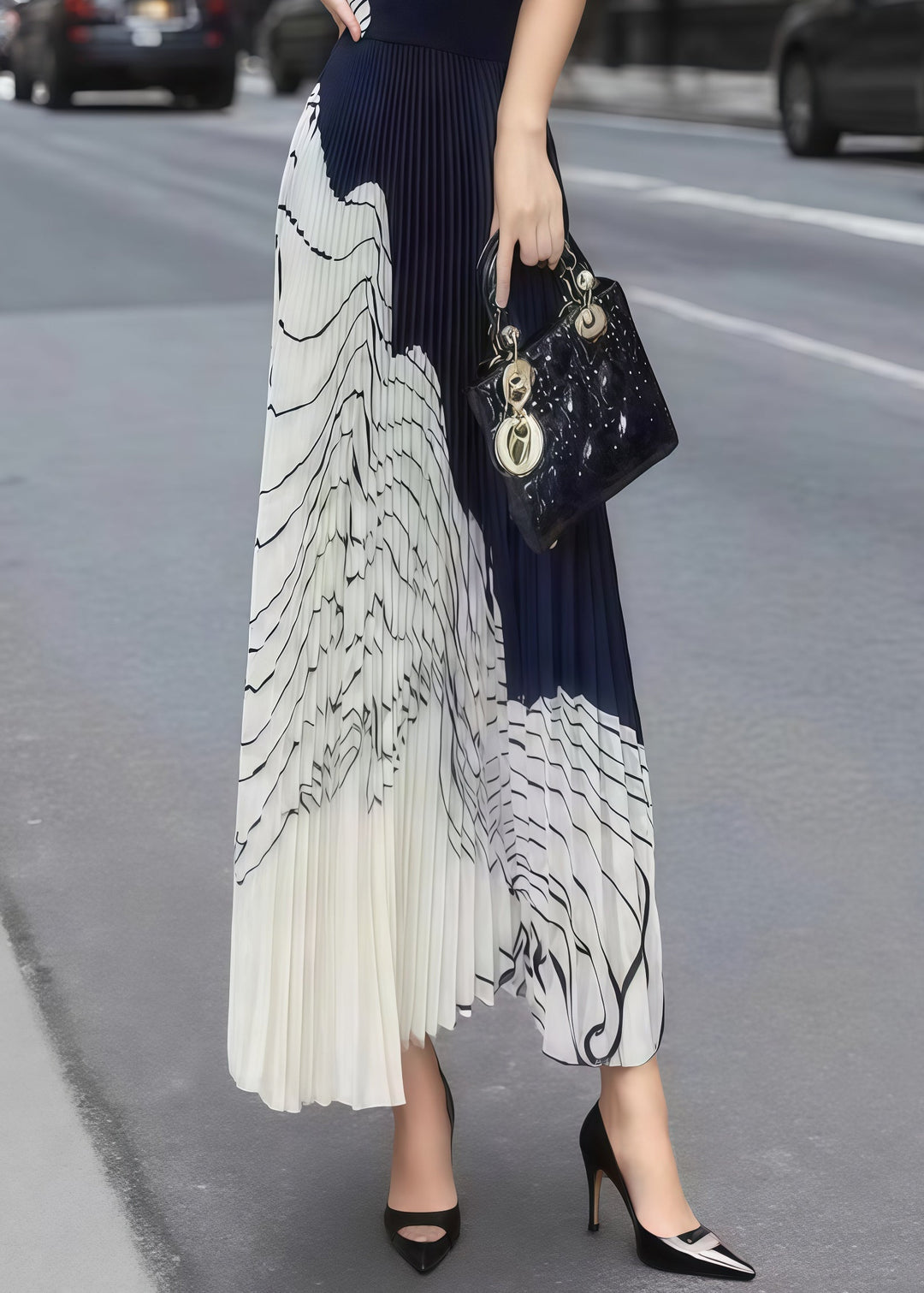French Mixed Color Stand Collar Print Pleated Dress Summer