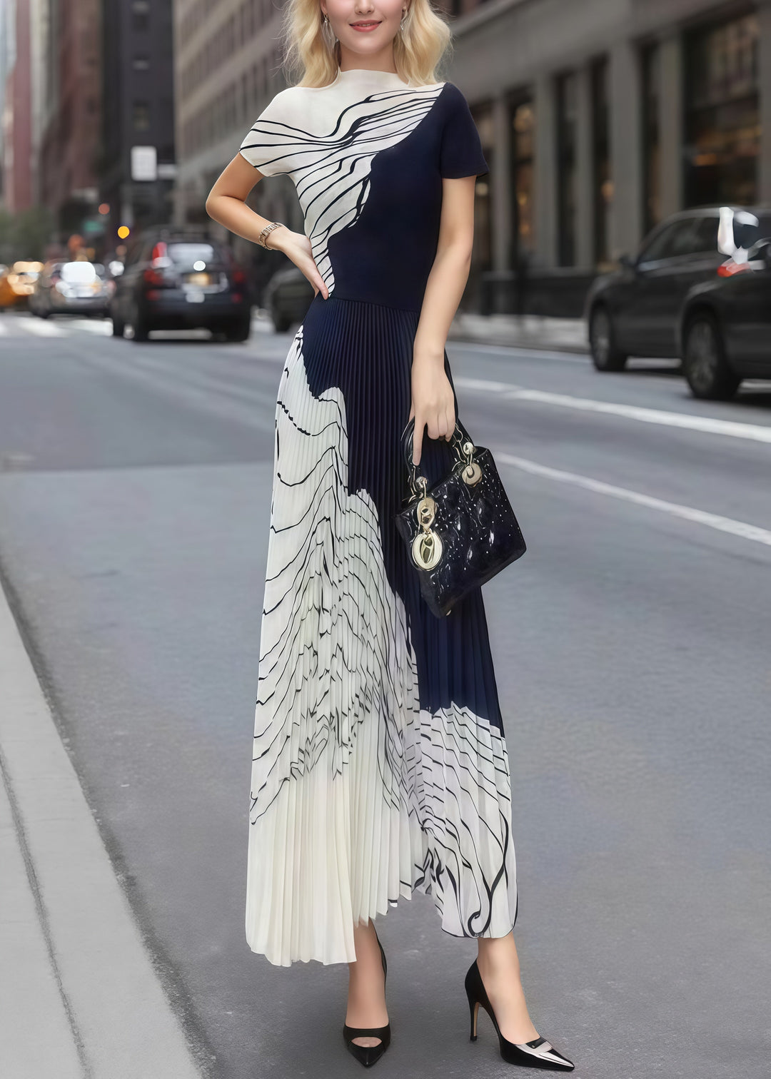 French Mixed Color Stand Collar Print Pleated Dress Summer
