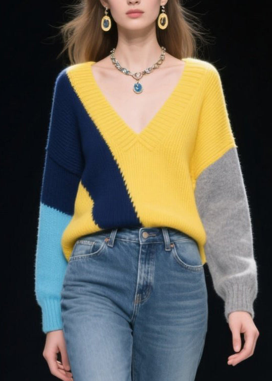 French Mixed Color V Neck Patchwork Cozy Sweaters Winter