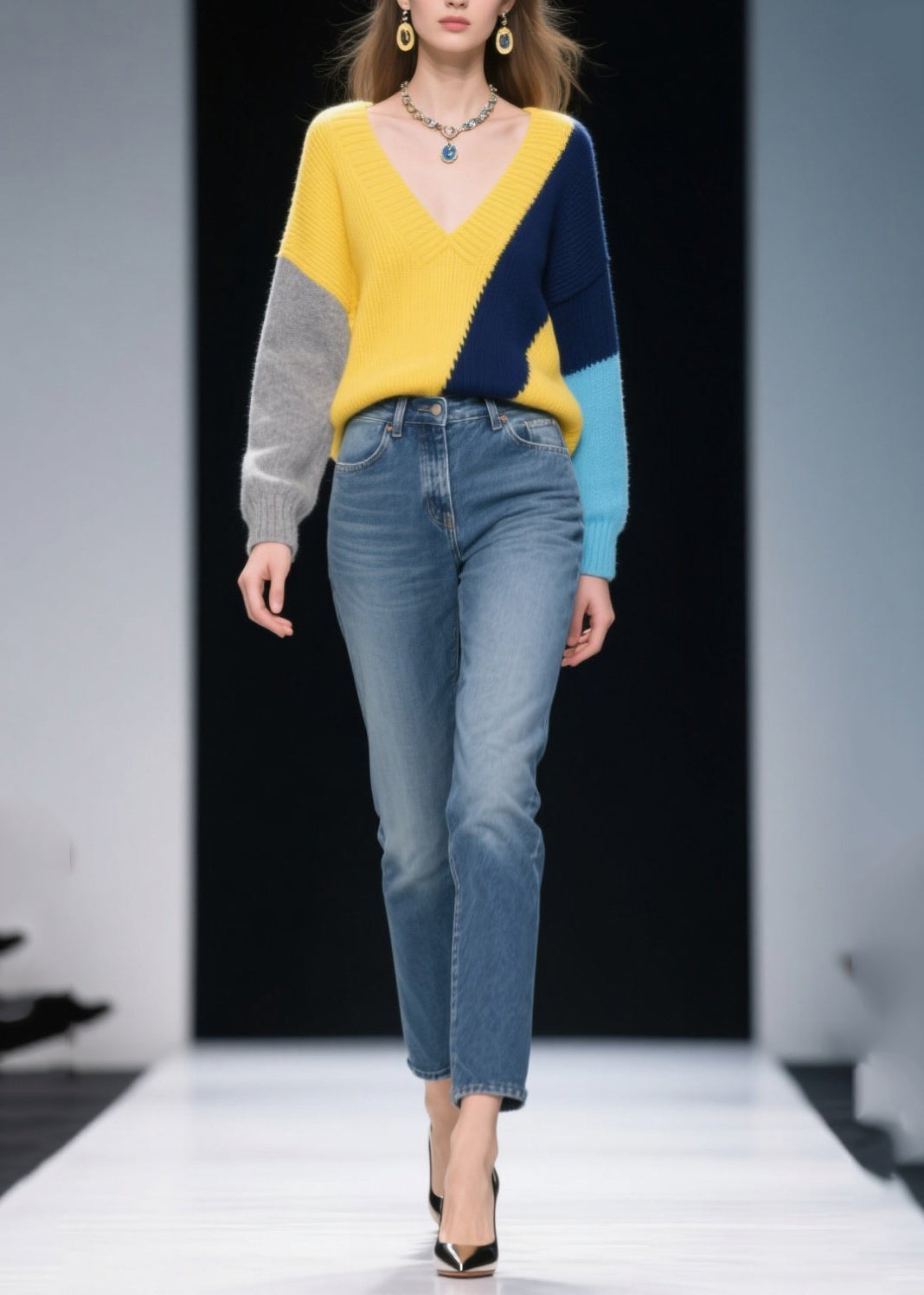 French Mixed Color V Neck Patchwork Cozy Sweaters Winter