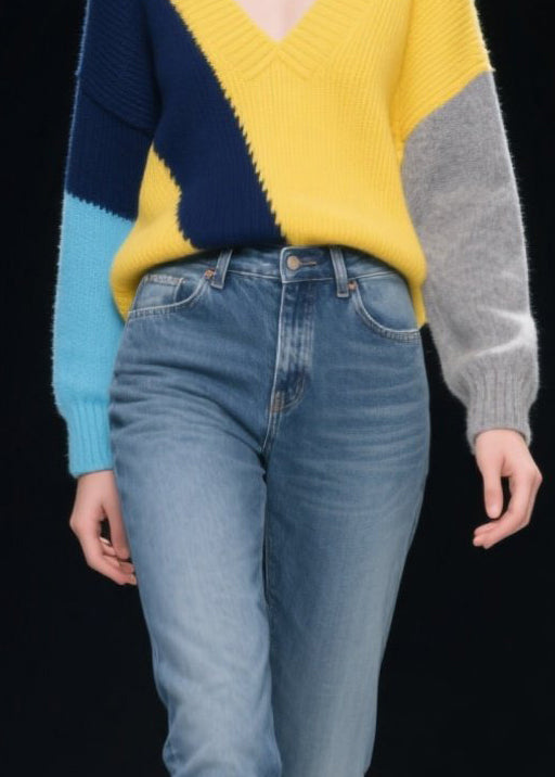 French Mixed Color V Neck Patchwork Cozy Sweaters Winter