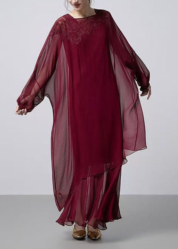 French Mulberry Embroidered Silk Two Pieces Set Fall