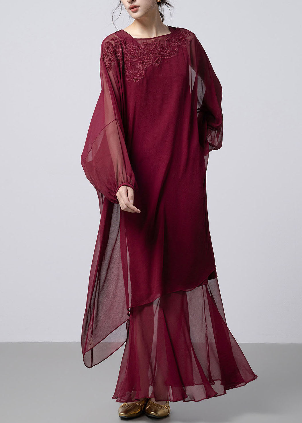 French Mulberry Embroidered Silk Two Pieces Set Fall