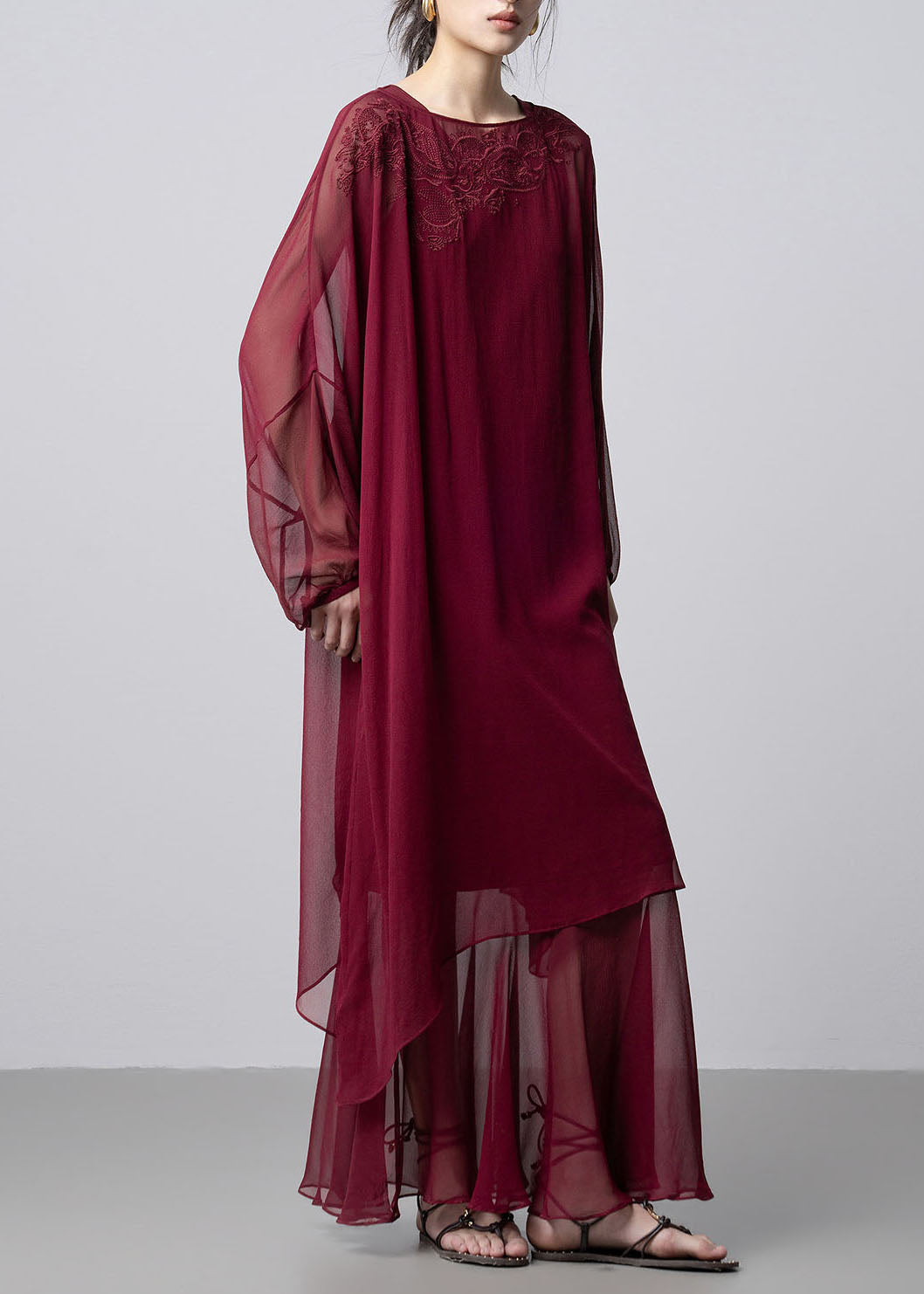 French Mulberry Embroidered Silk Two Pieces Set Fall