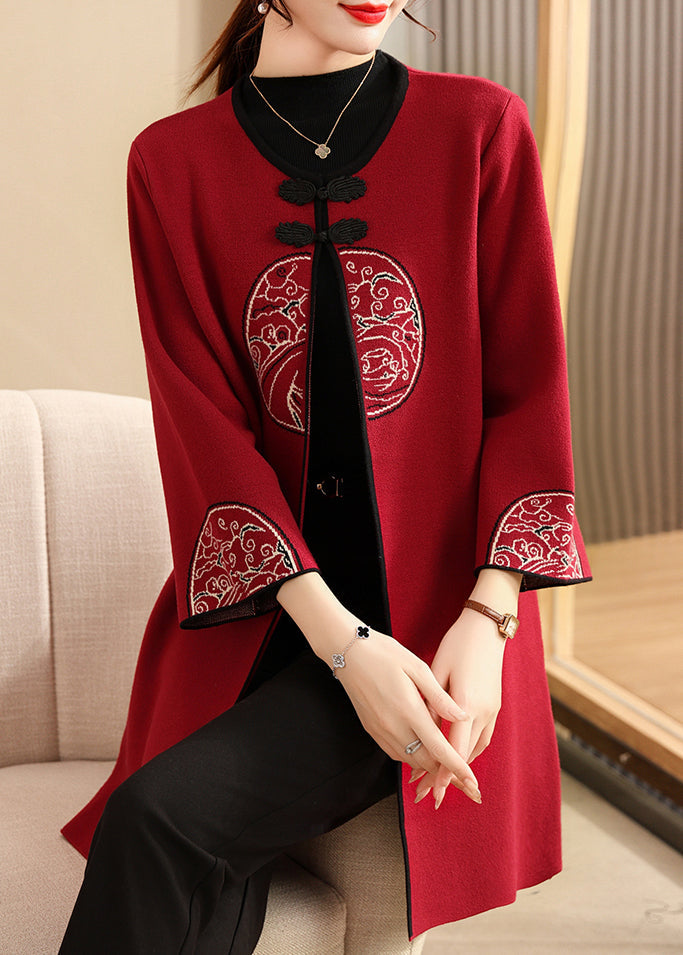 French Mulberry O-Neck Print Long Woolen Cardigans Fall
