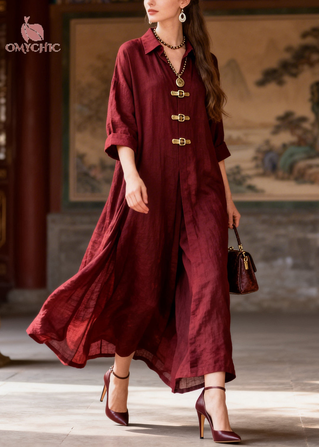 French Mulberry Oversized Chinese Button Cotton Dresses Summer