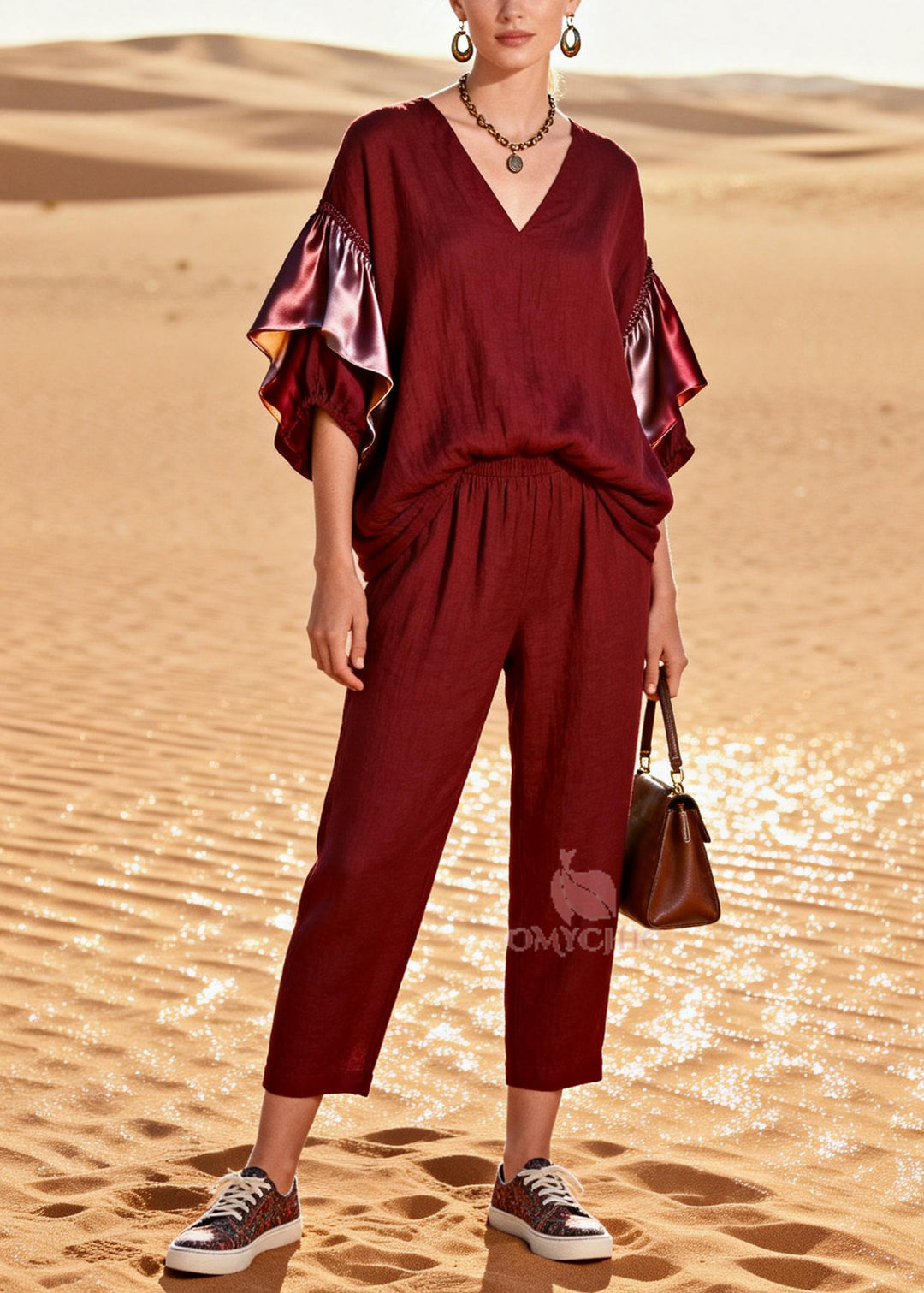 French Mulberry Oversized Patchwork Cotton Two Piece Suit Set Butterfly Sleeve