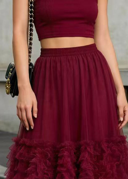 French Mulberry Ruffled Patchwork Tulle Skirts Summer