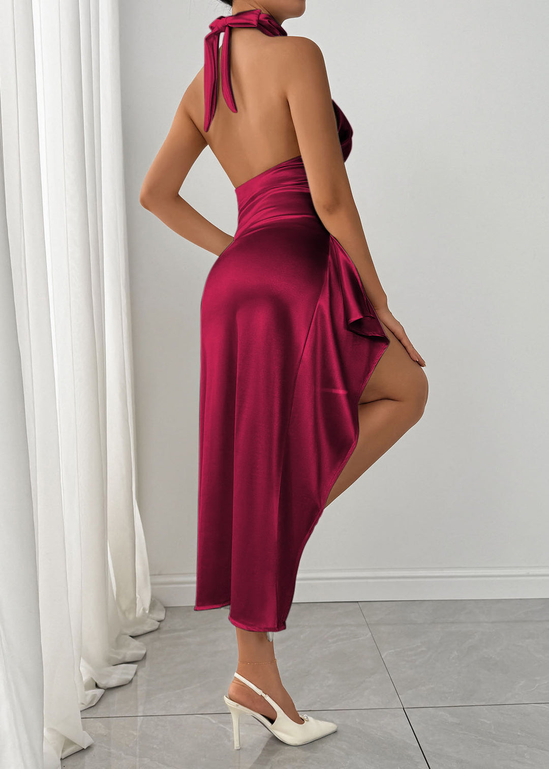 French Mulberry Side Open Silk Long Dress Sleeveless