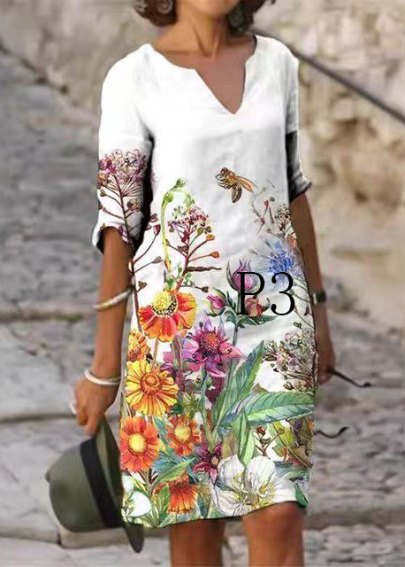 French Multicolor V Neck Print Cotton Shift Dresses Summer