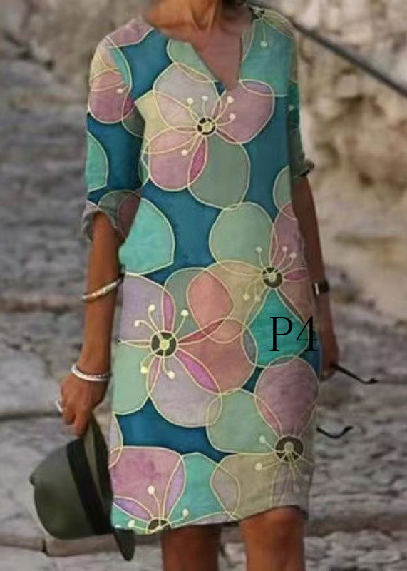 French Multicolor V Neck Print Cotton Shift Dresses Summer
