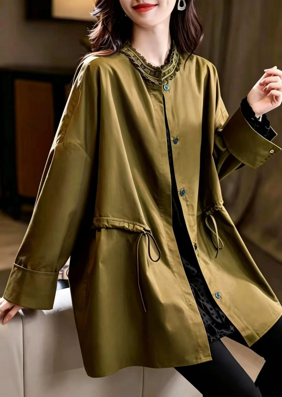 French Mustard Green Ruffled Stand Collar Drawstring Mid-Length Coats Fall