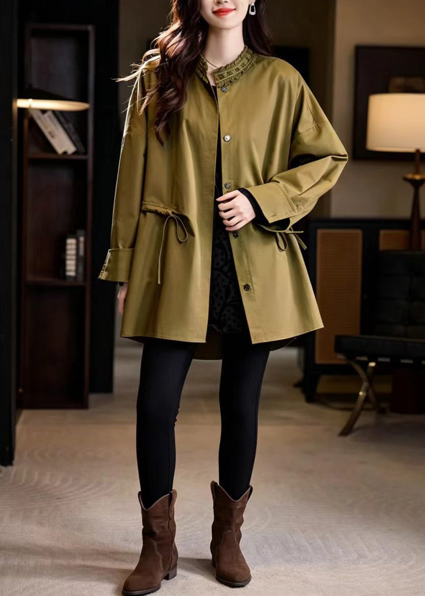 French Mustard Green Ruffled Stand Collar Drawstring Mid-Length Coats Fall