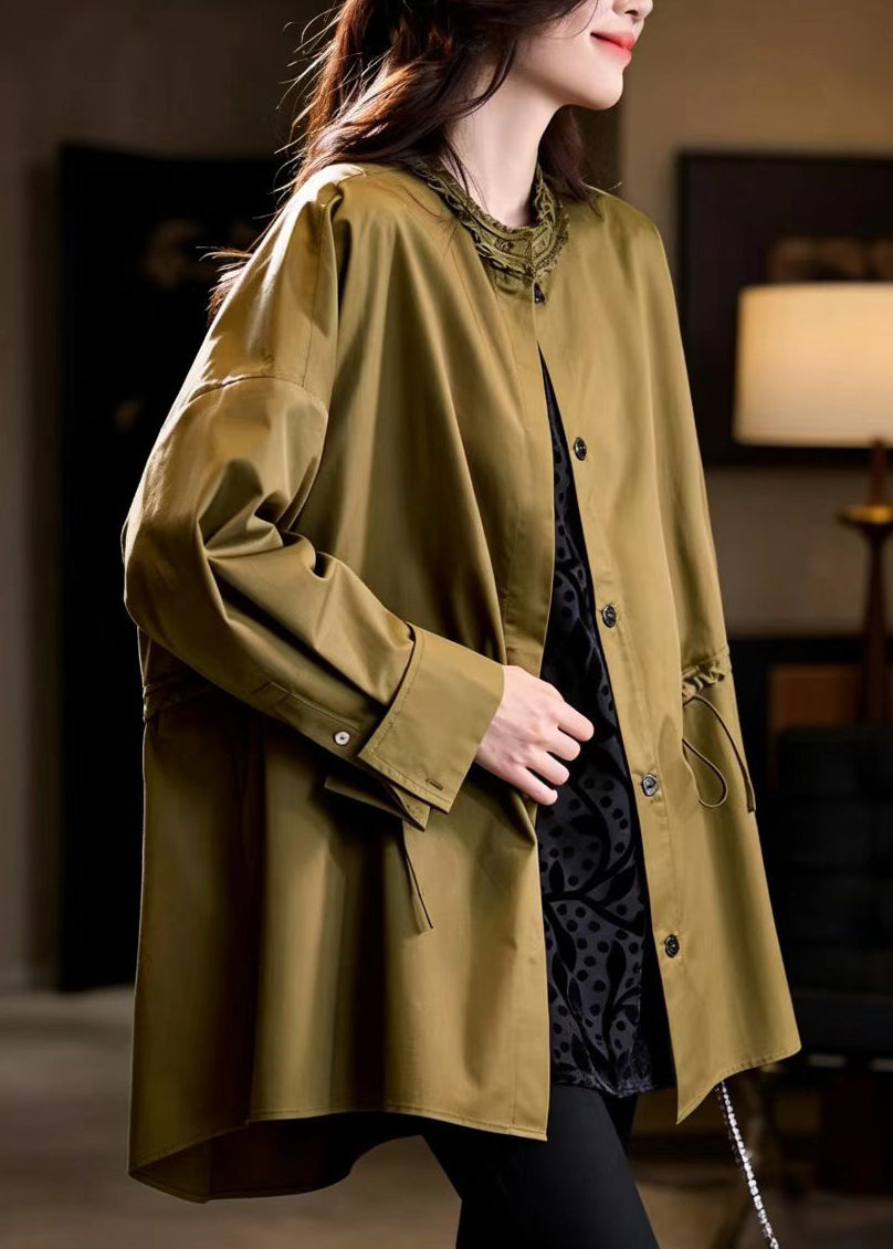 French Mustard Green Ruffled Stand Collar Drawstring Mid-Length Coats Fall