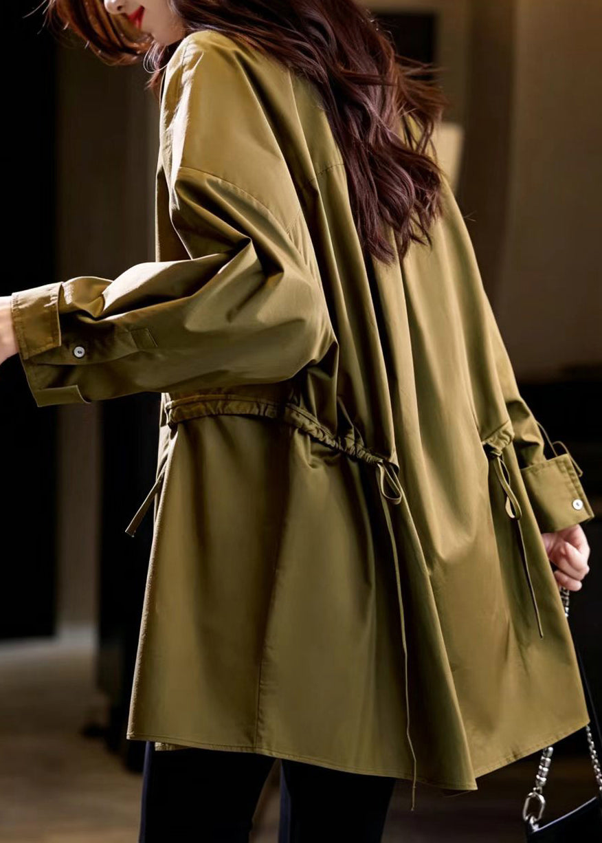 French Mustard Green Ruffled Stand Collar Drawstring Mid-Length Coats Fall