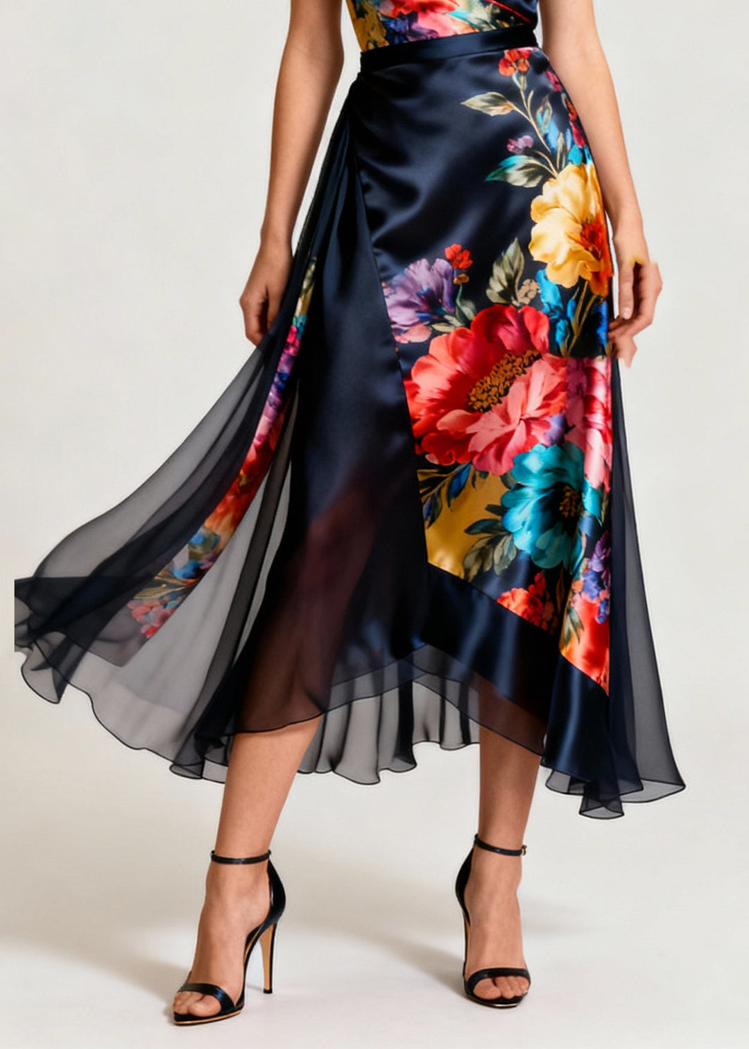 French Navy Asymmetrical Patchwork Print Silk Cami Dresses Summer