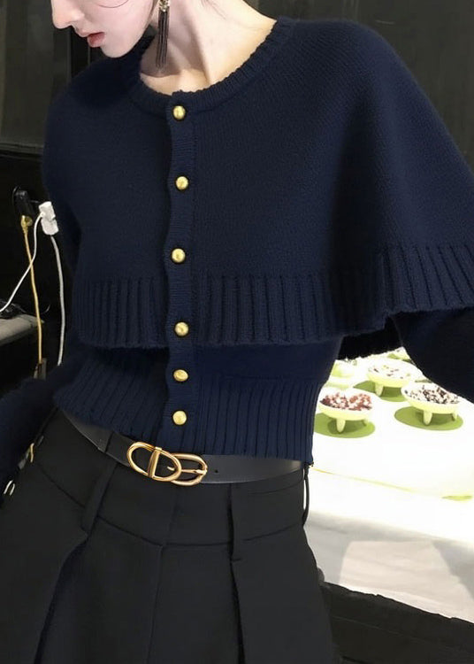 French Navy Button False Two Pieces Knit Cardigan Winter