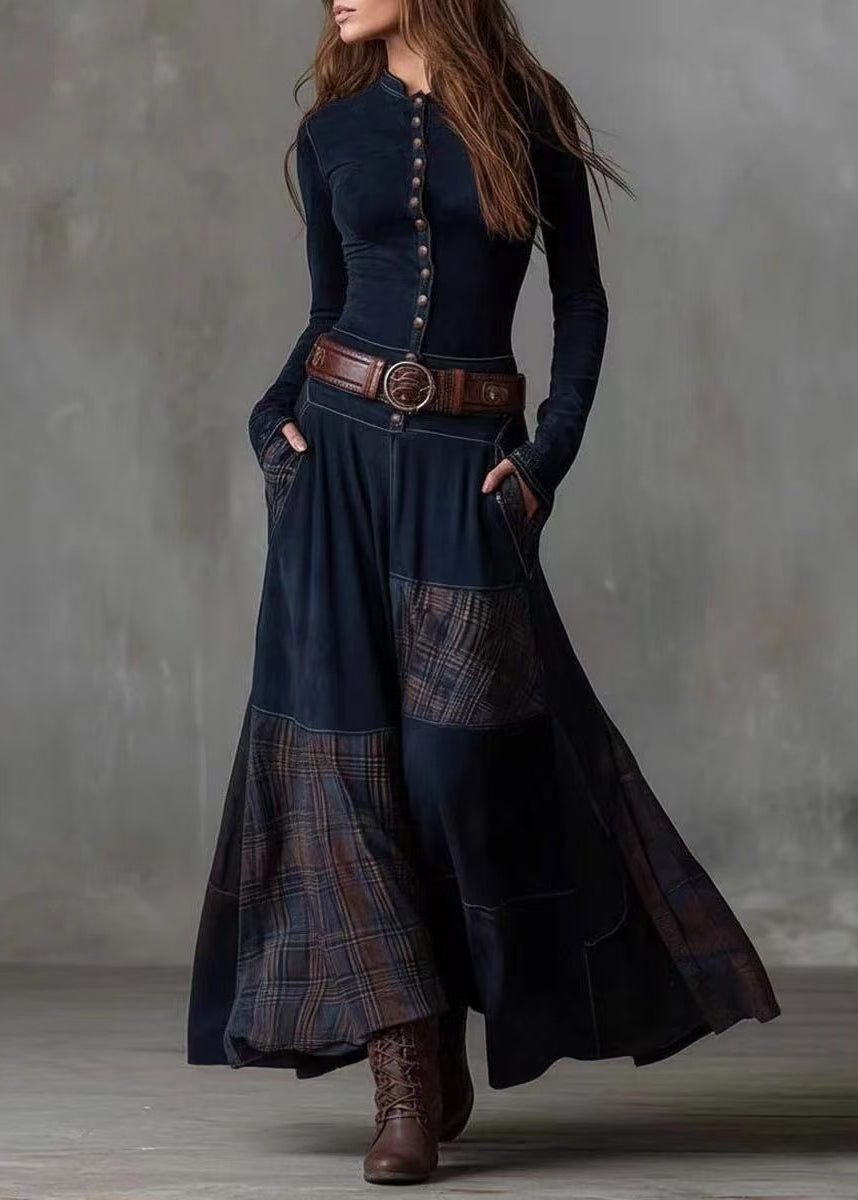 French Navy Button Pockets Plaid Patchwork Faux Suede Maxi Dresses Spring