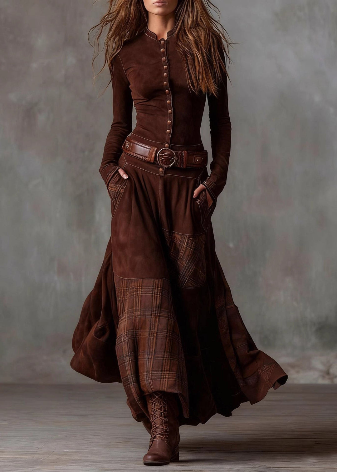 French Navy Button Pockets Plaid Patchwork Faux Suede Maxi Dresses Spring