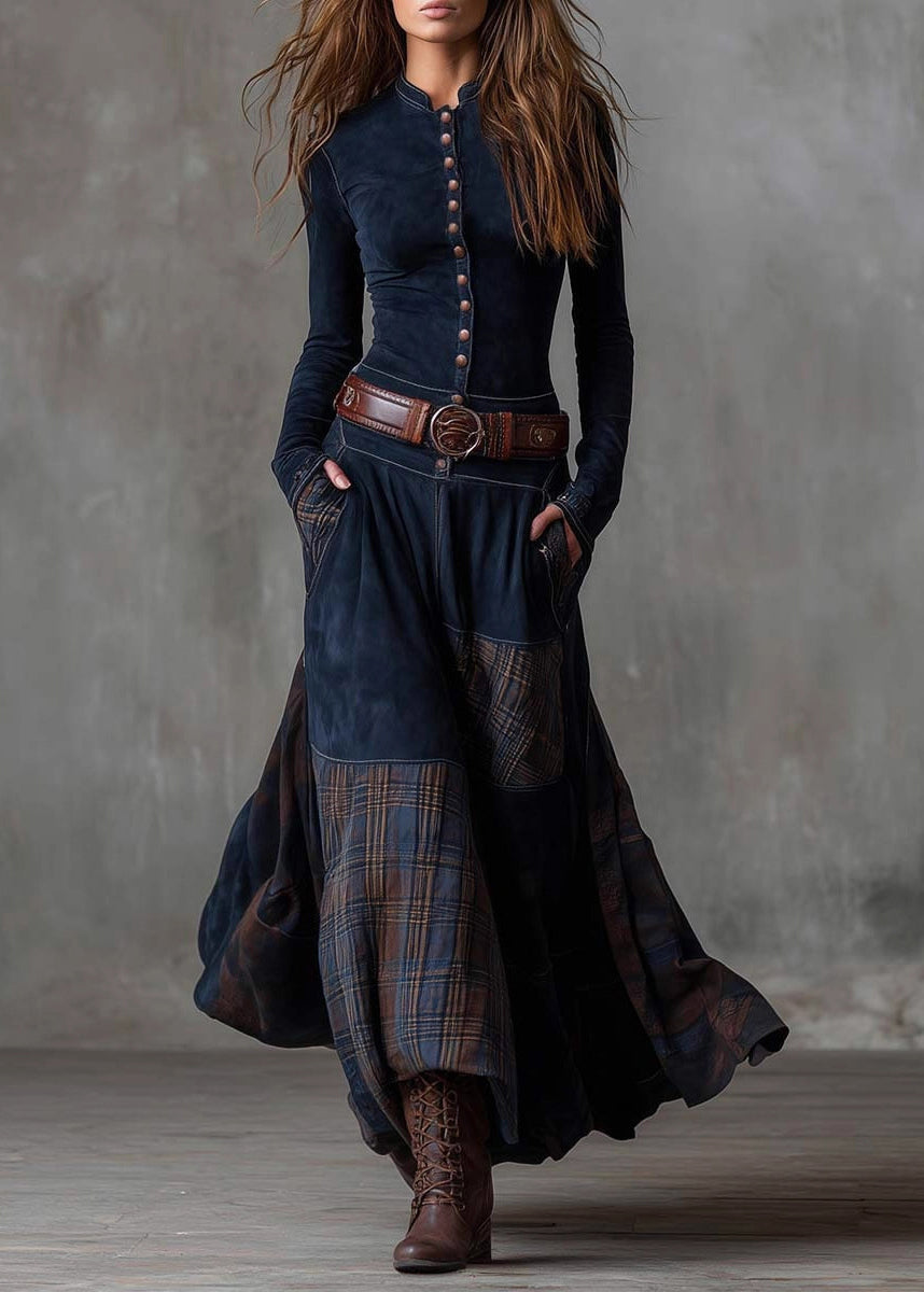 French Navy Button Pockets Plaid Patchwork Faux Suede Maxi Dresses Spring
