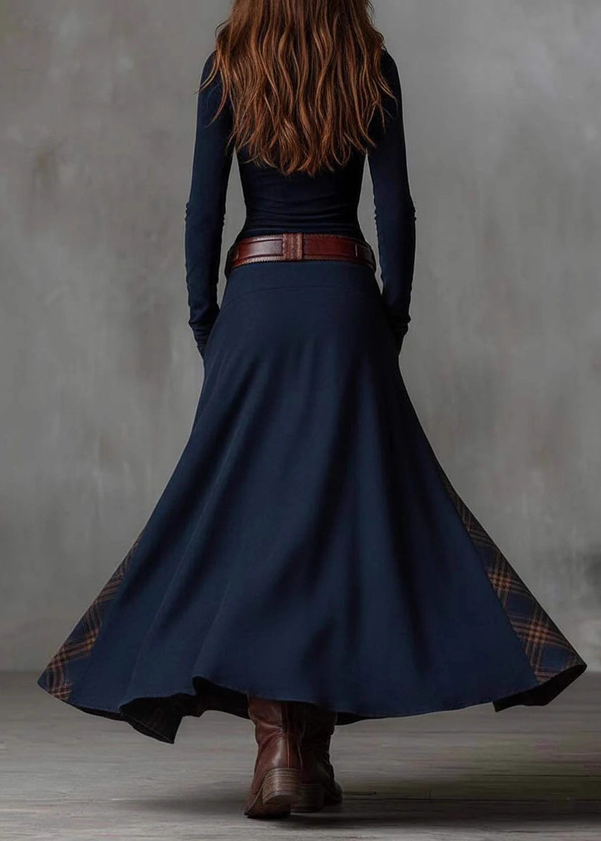 French Navy Button Pockets Plaid Patchwork Faux Suede Maxi Dresses Spring