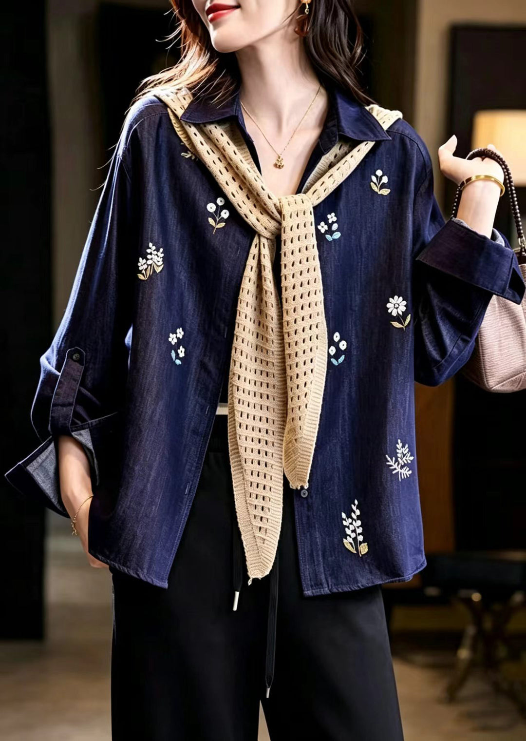 French Navy Cape Embroidered Denim Jacket Fall