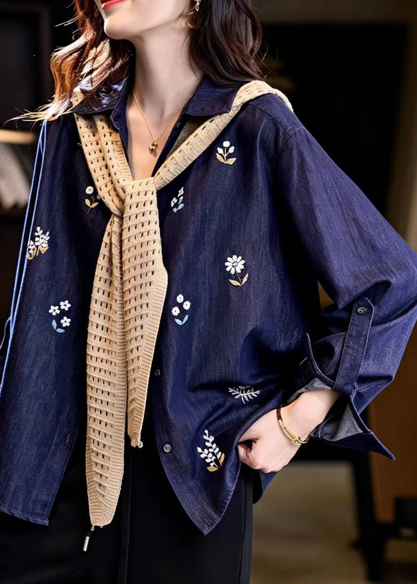 French Navy Cape Embroidered Denim Jacket Fall