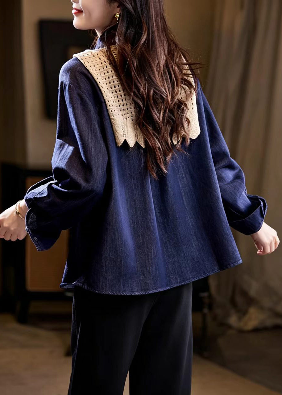 French Navy Cape Embroidered Denim Jacket Fall