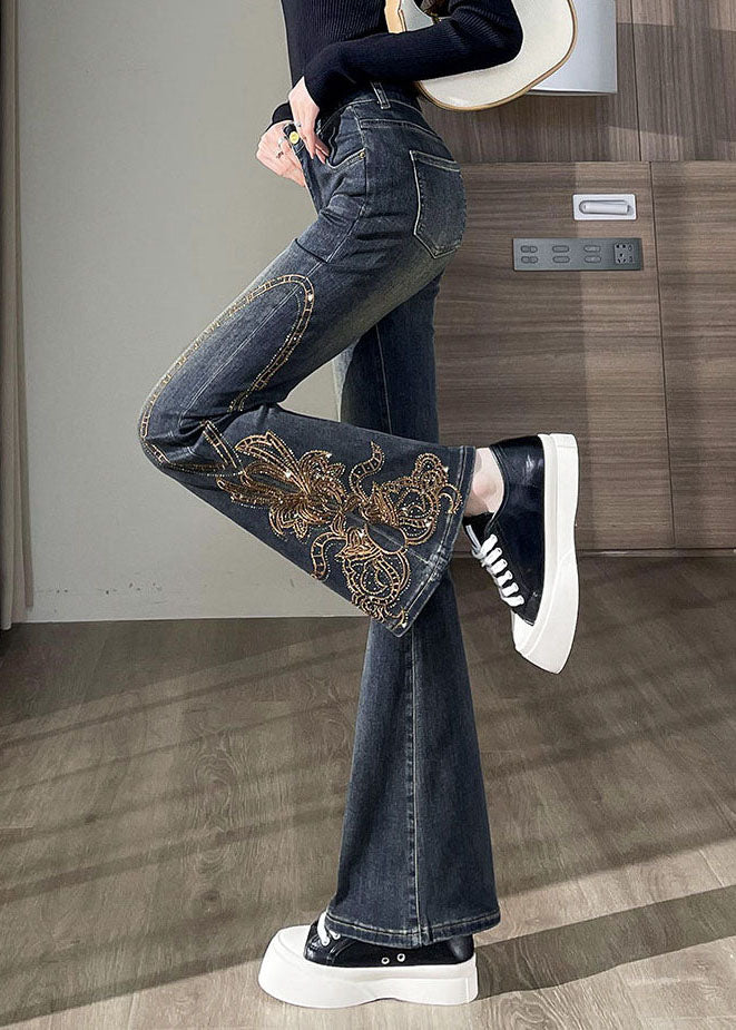 French Navy Embroidered Denim Flare Bottoms Pants Fall