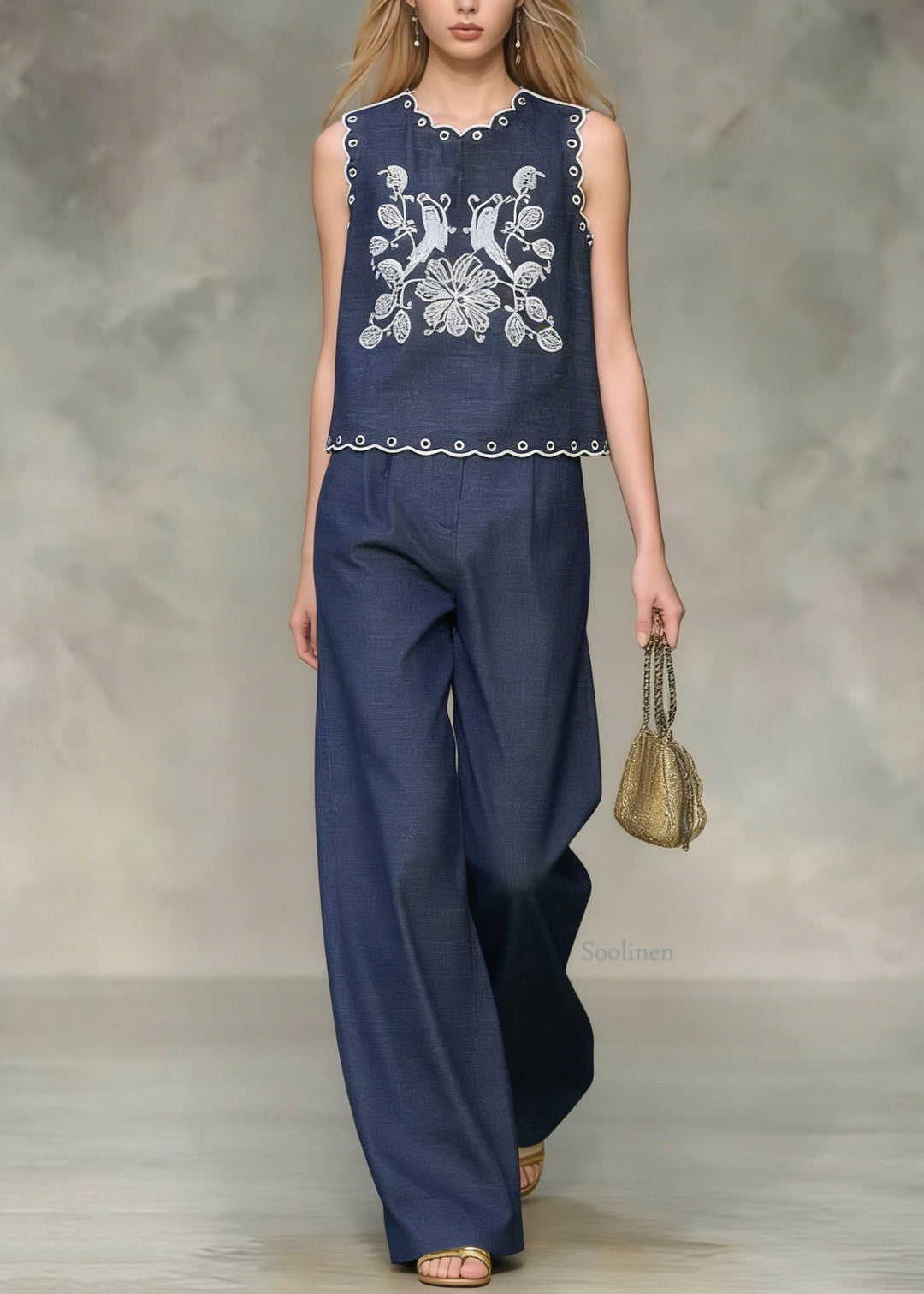 French Navy Embroidered Denim Two Pieces Set Sleeveless