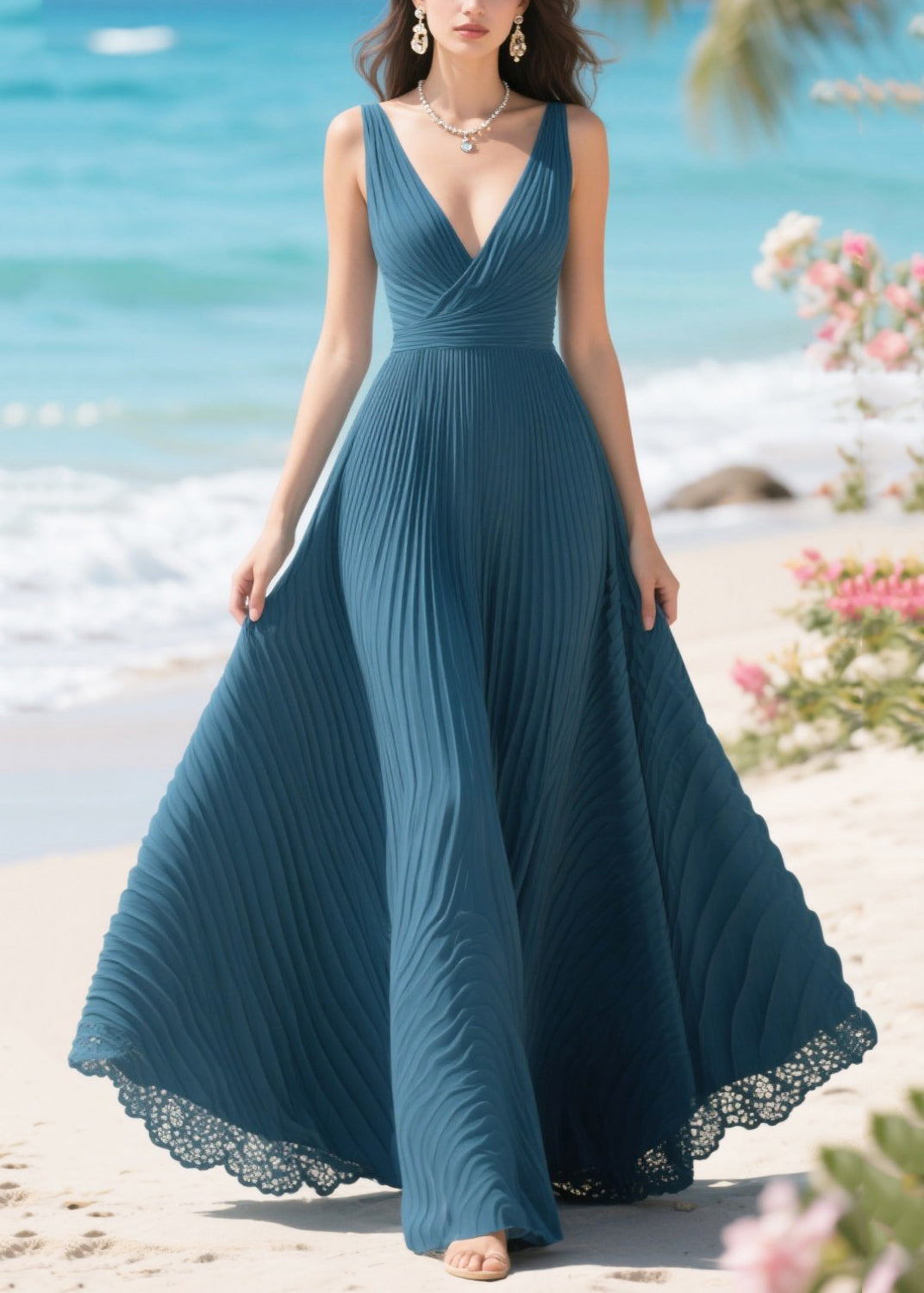 French Navy Exra Large Hem Wrinkled Chiffon Party Dresses Summer